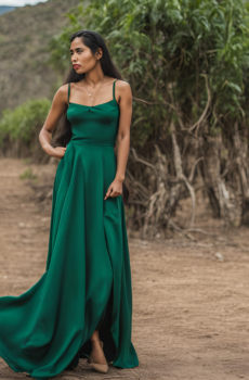 Mujer con vestido color verde botella